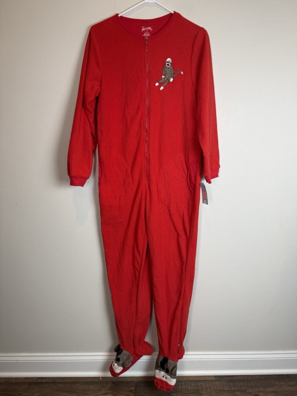 NWT Nick & Nora Red Sock Monkey FLEECE FOOTED PJs Comfy Cozy Warm Pajamas Size M